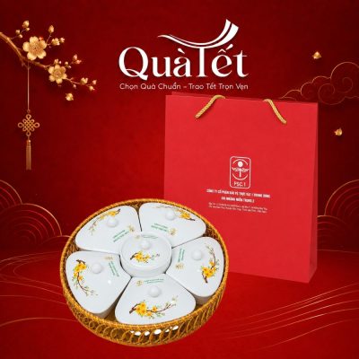Bộ Khay Mứt Sứ Trắng Vẽ Hoa Mai Kèm Khay Mây Cao Cấp QT-KM04