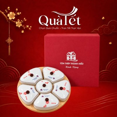 Khay Mứt Dáng Hoa 5 Cánh Vẽ Đào Đỏ Kèm Đế Gỗ Quà Tặng Tết QT-KM03