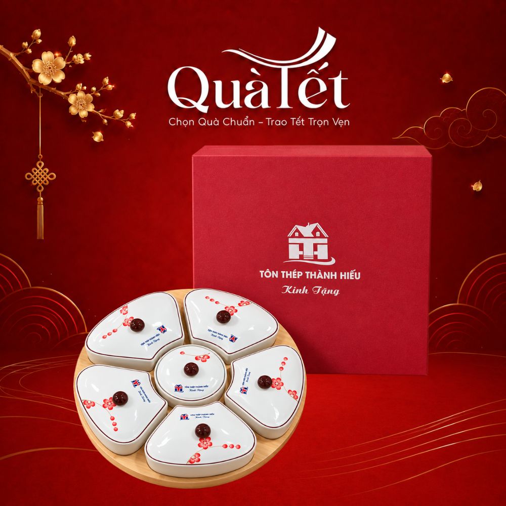 Khay Mứt Dáng Hoa 5 Cánh Vẽ Đào Đỏ Kèm Đế Gỗ Quà Tặng Tết QT-KM03
