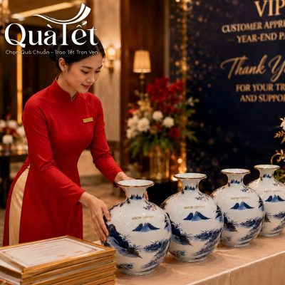 Nhân viên chuẩn bị các phần quà tặng bình hút lộc tại sự kiện tri ân khách hàng
