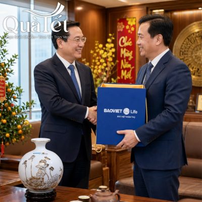 Hai doanh nhân bắt tay hợp tác và trao tặng món quà Tết ý nghĩa trong phòng làm việc trang nhã