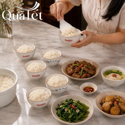 Bộ bát cơm vẽ đào xanh hiện diện trong mâm cơm gia đình ấm cúng