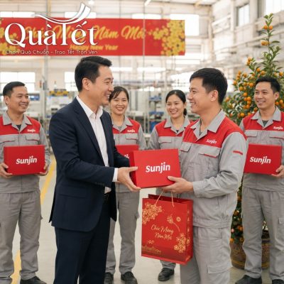 Lãnh đạo doanh nghiệp trực tiếp trao tặng hộp quà Tết in logo thương hiệu cho công nhân viên ngay tại nhà xưởng sản xuất