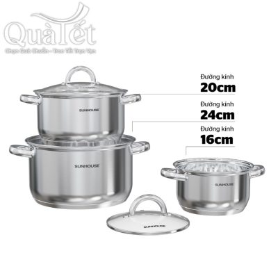 Thông số kích thước chi tiết của bộ ba nồi inox Sunhouse 16cm, 20cm và 24cm