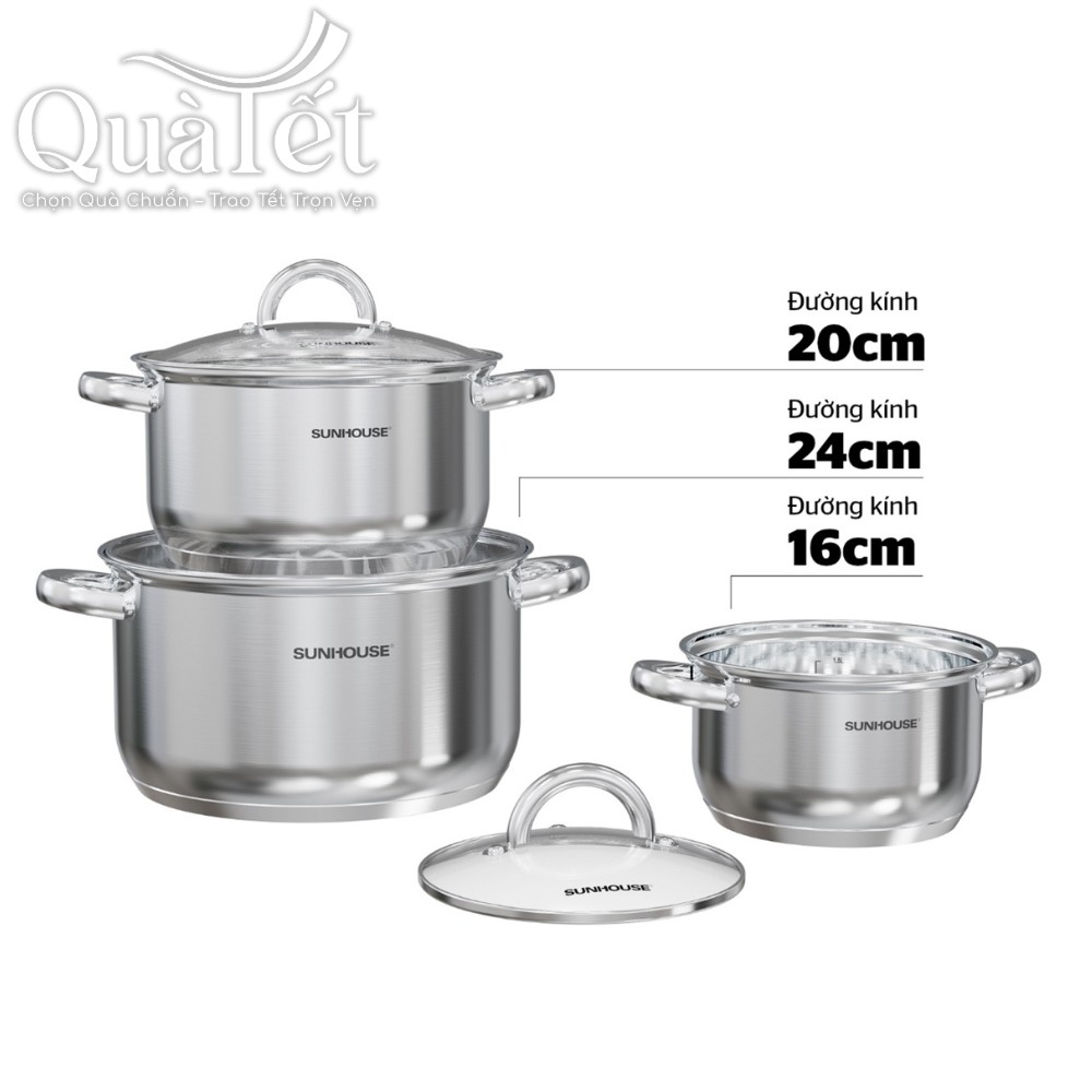 Thông số kích thước chi tiết của bộ ba nồi inox Sunhouse 16cm, 20cm và 24cm