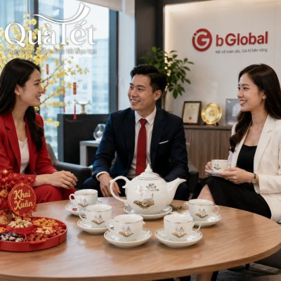 Nhóm nhân viên thảo luận công việc bên bộ ấm trà sứ trắng in logo