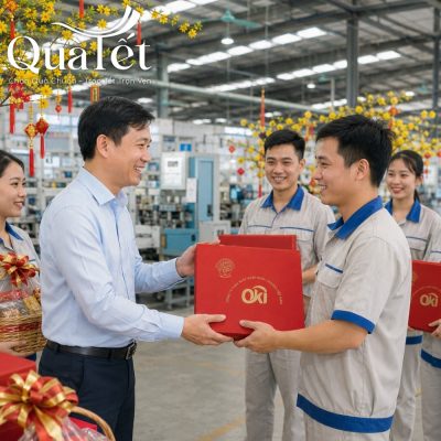 Đại diện ban lãnh đạo doanh nghiệp trao tặng hộp quà tết ý nghĩa đến tay công nhân viên