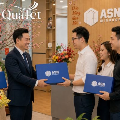 Đại diện doanh nghiệp trao tặng hộp quà Tết bát đĩa in logo sắc nét cho nhân viên
