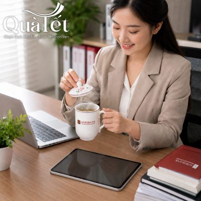 Trải nghiệm mở nắp ca sứ thưởng thức trà ấm của nữ nhân viên văn phòng bên máy tính làm việc