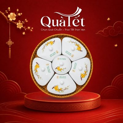 Bộ Khay Mứt Sứ Trắng Vẽ Hoa Mai Kèm Khay Mây Cao Cấp QT-KM04 - Ảnh đại diện