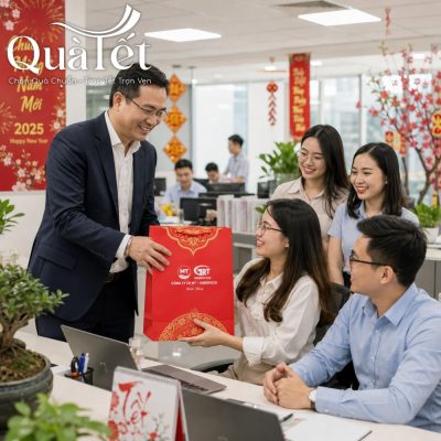 Ban lãnh đạo công ty trao tặng túi quà Tết đỏ cho tập thể nhân viên xuất sắc tại văn phòng