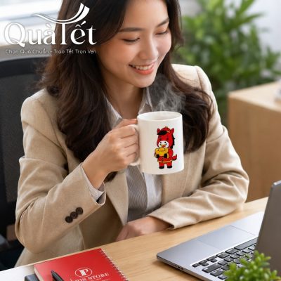 Nữ nhân viên văn phòng mặc vest lịch sự cầm chiếc cốc sứ trắng quai C in hình linh vật Bính Ngọ may mắn