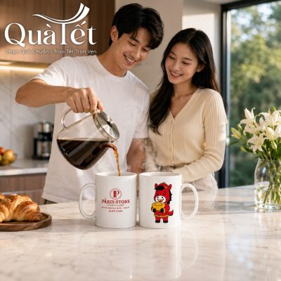 Cặp đôi mỉm cười hạnh phúc bên bàn bếp khi rót cà phê nóng vào chiếc cốc sứ trắng cao cấp