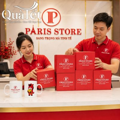 Các nhân viên chuẩn bị cốc sứ in logo quà tặng tết tại cửa hàng
