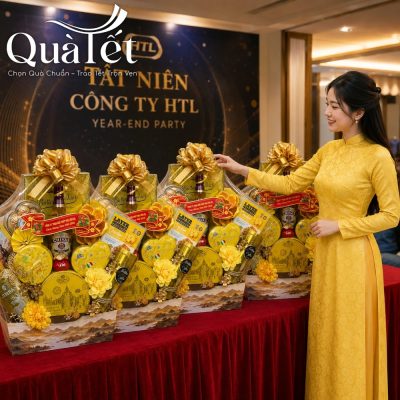 Nhân viên mặc áo dài vàng truyền thống sắp xếp các giỏ quà Tết in logo HTL tại sự kiện tất niên cuối năm
