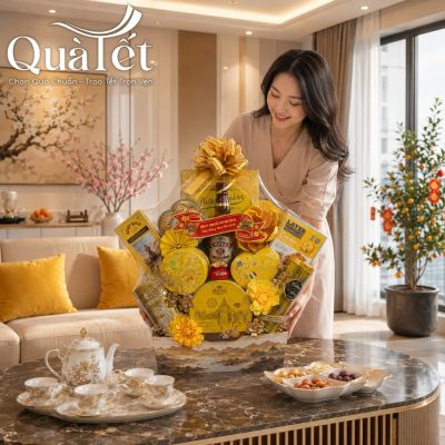 Người phụ nữ bày biện giỏ quà Tết QT-SQ04 trên bàn trà phòng khách căn hộ hiện đại