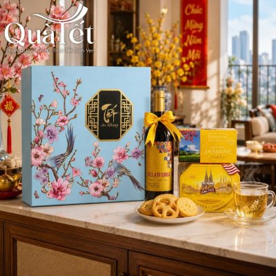 Bộ sản phẩm bánh kẹo và rượu vang được bày trí sang trọng trên bàn đá cùng tách trà nóng hổi