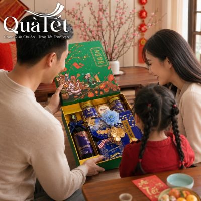 Gia đình ba người cùng nhau mở hộp quà Tết Tân Niên Vạn Phúc trong không khí ấm cúng ngày xuân