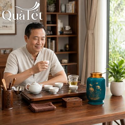 Người đàn ông trung niên ngồi thưởng trà bên khay gỗ ấm áp có đặt hũ đựng trà sứ vẽ sen