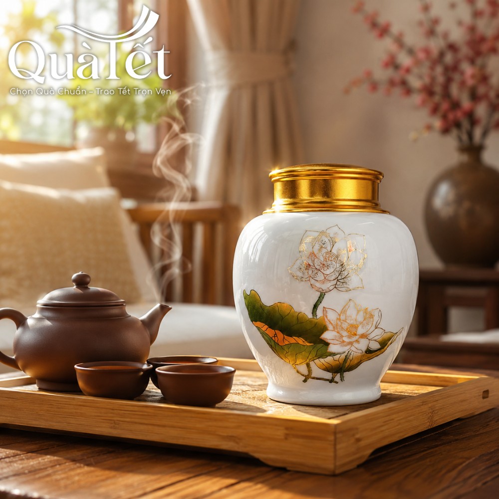 Hũ trà sứ sen vàng QT-HT02 đặt cạnh ấm trà gốm mộc tạo nên không gian thưởng trà ấm cúng