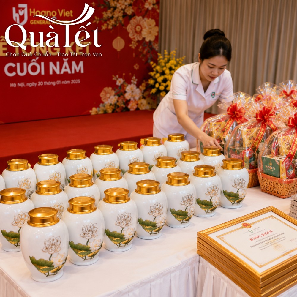 Hàng loạt hũ đựng trà sứ trắng sen vàng cao cấp được chuẩn bị chu đáo cho sự kiện tổng kết cuối năm