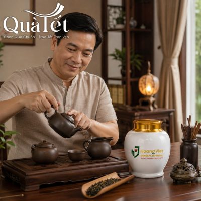 Thưởng trà thanh tao bên hũ đựng trà sứ trắng vẽ vàng hoa sen sang trọng