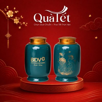 Hũ Đựng Trà Sứ Màu Xanh Lá Mạ In Logo Vàng Kim Quà Tặng Tết QT-HT01 - Ảnh đại diện