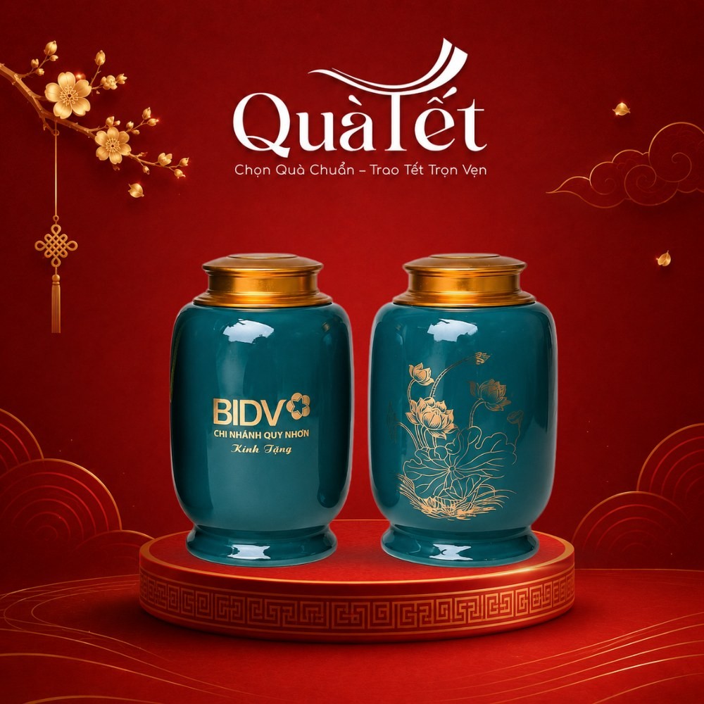 Hũ Đựng Trà Sứ Màu Xanh Lá Mạ In Logo Vàng Kim Quà Tặng Tết QT-HT01 - Ảnh đại diện