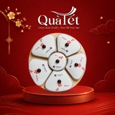 Khay Mứt Dáng Hoa 5 Cánh Vẽ Đào Đỏ Kèm Đế Gỗ Quà Tặng Tết QT-KM03 - Ảnh đại diện