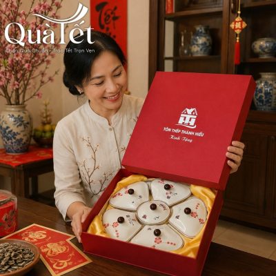 Khách hàng nữ rạng rỡ đón nhận và mở hộp quà Tết khay mứt gốm sứ lót lụa vàng sang trọng