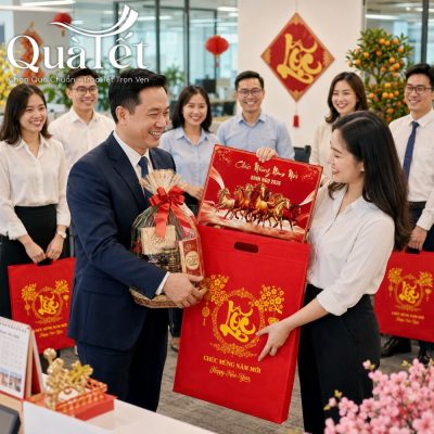 Đại diện doanh nghiệp trao tặng bộ lịch bloc kèm túi vải đỏ cho nhân viên ngay tại văn phòng làm việc
