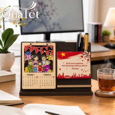 Cuốn lịch gỗ QT-LT02 đặt trang nhã trên bàn làm việc hiện đại