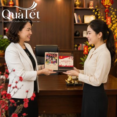 Sếp trao tặng lịch gỗ QT-LT02 cho nhân viên ngay tại phòng làm việc