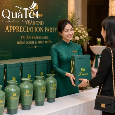 Lễ tân trao tặng hộp quà chứa lọ hoa men hỏa biến cho khách hàng tại sự kiện tri ân cuối năm của doanh nghiệp