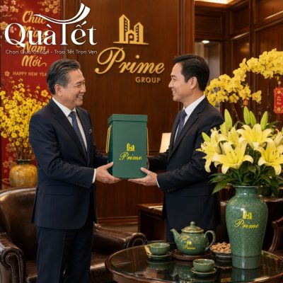 Lãnh đạo doanh nghiệp trao tặng món quà Tết ý nghĩa bên cạnh bàn trà tiếp khách trưng bày bình hoa ly vàng rực rỡ