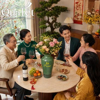 Bình hoa cẩm chướng rực rỡ đặt tại trung tâm bàn tiệc tất niên ấm cúng của gia đình nhiều thế hệ