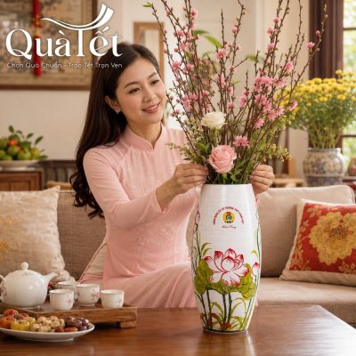 Người phụ nữ Việt mặc áo dài hồng truyền thống đang khéo léo cắm những cành đào xuân vào bình hoa dáng bom sen hồng