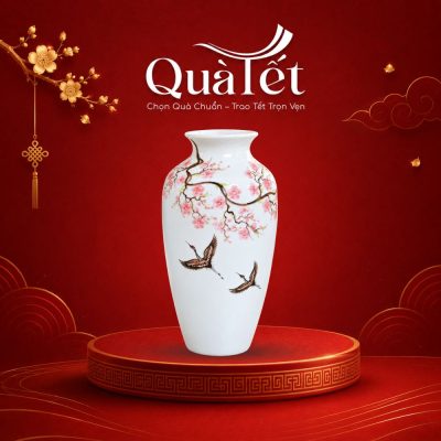 Lọ Hoa Sứ Trắng Vẽ Hoa Đào Chim Hạc Quà Tặng Tết Agribank QT-LH01