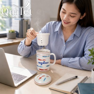 Nữ nhân viên văn phòng thưởng thức tách trà nóng bên chiếc ly sứ lọc trà vẽ tay
