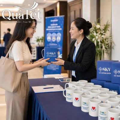 Bàn lễ tân sự kiện trưng bày dãy ly sứ trắng in logo SKV cùng các hộp quà tặng màu xanh dương gọn gàng