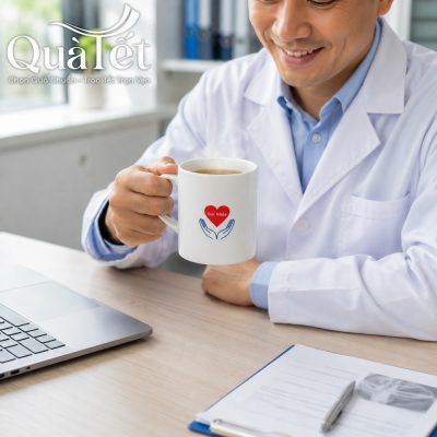 Bác sĩ nam mỉm cười thư thái bên chiếc ly sứ in thông điệp chúc sức khỏe đầy ý nghĩa ngay tại bàn làm việc
