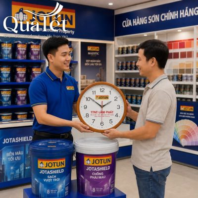 Nhân viên cửa hàng sơn trao tặng đồng hồ lưu niệm trực tiếp cho khách mua hàng tại đại lý Jotun chính hãng vào dịp cuối năm