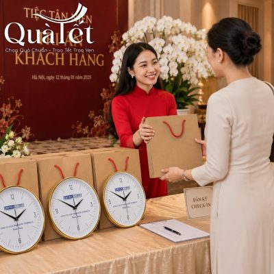 Nữ lễ tân trong trang phục áo dài đỏ trao tặng hộp quà đồng hồ QT-DH02 cho khách hàng tại bàn check-in sự kiện tri ân cuối năm