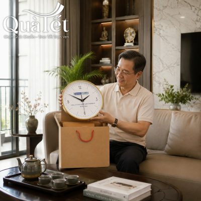 Khách hàng bày tỏ niềm vui khi mở hộp quà tặng đồng hồ treo tường tại phòng khách gia đình