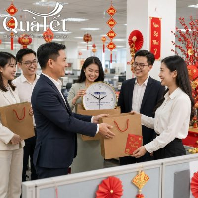 Đại diện ban lãnh đạo doanh nghiệp trao tặng quà Tết cho tập thể nhân viên trong không gian văn phòng rộn ràng sắc xuân