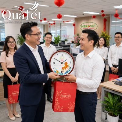 Đại diện HeroVet trao tặng đồng hồ Mã Đáo Thành Công cho chủ đại lý thuốc thú y An Khang tại cửa hàng