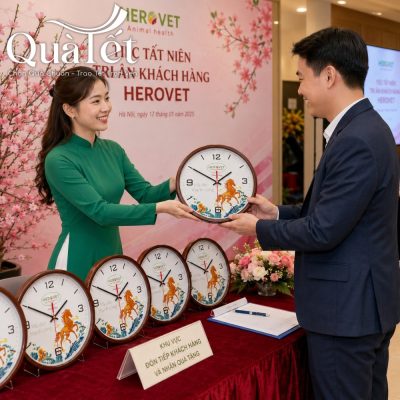 Nữ nhân viên văn phòng duyên dáng trong tà áo dài xanh đón tiếp khách hàng tại bàn tiếp nhận quà tặng tất niên với hàng đồng hồ bày sẵn