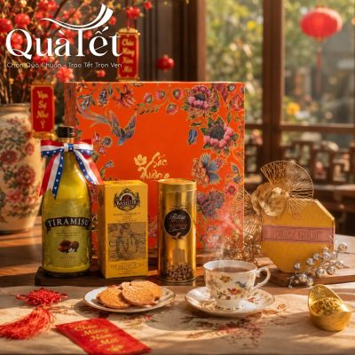 Các món rượu, trà, bánh trong hộp quà tặng tết