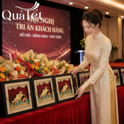 Nhân viên sự kiện chuẩn bị hàng loạt tranh dát vàng Song Mã tại hội nghị tri ân