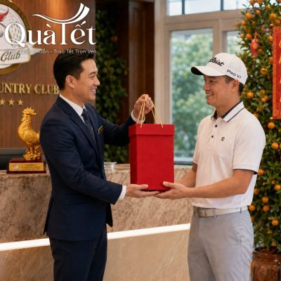 Đại diện ban tổ chức trao tặng hộp quà đỏ chứa tượng gà vinh danh cho đối tác